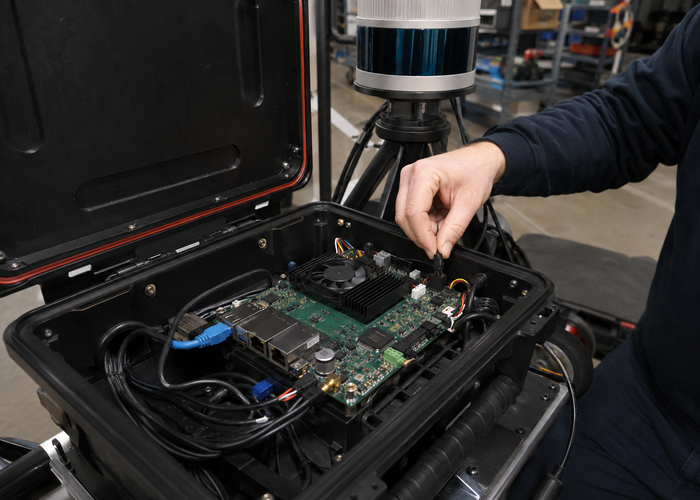 technician operating a wheeled mobile LiDAR mapping cart with an enclosed Jetson carrier board computer validation scene 2