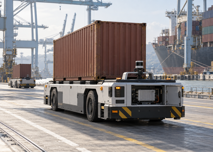 unbranded autonomous port vehicle with roof LiDAR and a rugged Jetson carrier-board computer enclosure being serviced beside shipping containers in salt-air daylight in a realistic LiDAR application scene