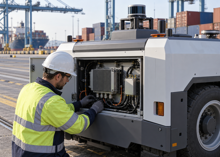 unbranded autonomous port vehicle with roof LiDAR and a rugged Jetson carrier-board computer enclosure being serviced beside shipping containers in salt-air daylight validation scene 2