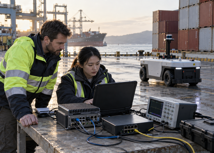 unbranded autonomous port vehicle with roof LiDAR and a rugged Jetson carrier-board computer enclosure being serviced beside shipping containers in salt-air daylight validation scene 3