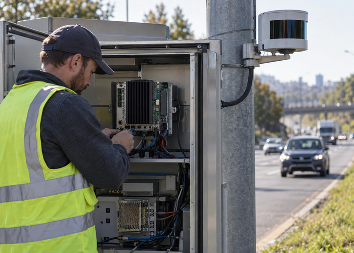 real roadside traffic monitoring cabinet open for service with an unbranded Jetson carrier board edge computer connected to a physical LiDAR sensor on a pole in a realistic LiDAR application scene