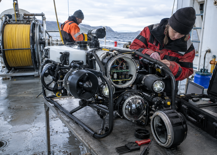 real unbranded underwater inspection ROV on a marine workshop bench with open cylindrical pressure housing, physical embedded carrier board, tether reel, cameras and sonar sensor hardware in a realistic LiDAR application scene