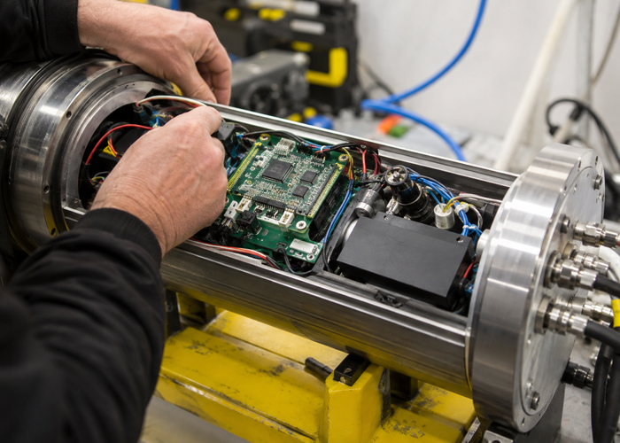 real unbranded underwater inspection ROV on a marine workshop bench with open cylindrical pressure housing, physical embedded carrier board, tether reel, cameras and sonar sensor hardware validation scene 2