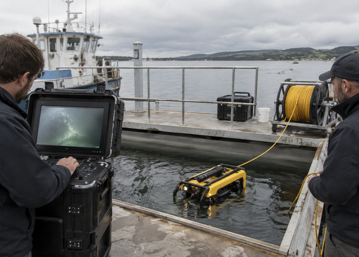 real unbranded underwater inspection ROV on a marine workshop bench with open cylindrical pressure housing, physical embedded carrier board, tether reel, cameras and sonar sensor hardware validation scene 3