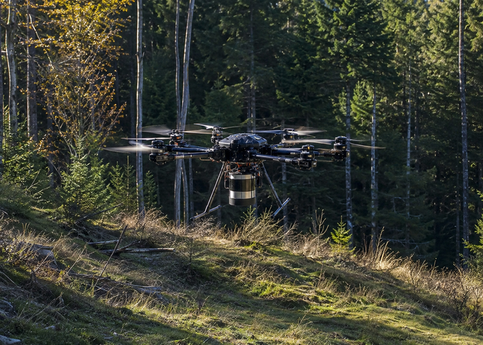 multirotor drone using downward LiDAR while landing in a realistic forest clearing in a realistic LiDAR application scene