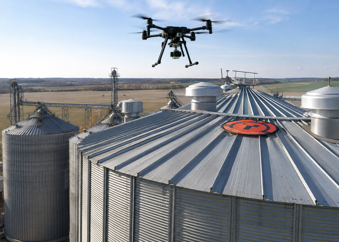 real inspection drone with a physical downward LiDAR sensor approaching a designated landing pad beside a large corrugated grain silo roof with vents in natural daylight in a realistic LiDAR application scene