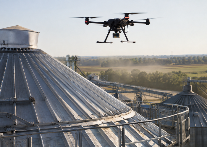 real inspection drone with a physical downward LiDAR sensor approaching a designated landing pad beside a large corrugated grain silo roof with vents in natural daylight validation scene 2