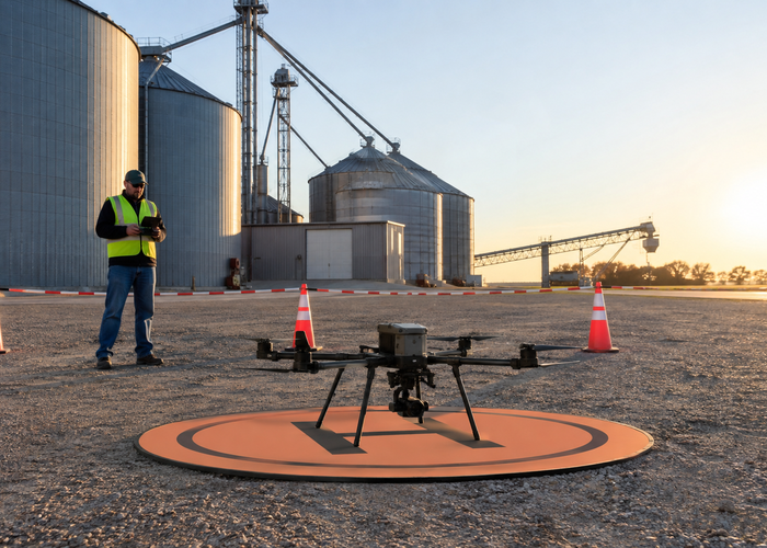 real inspection drone with a physical downward LiDAR sensor approaching a designated landing pad beside a large corrugated grain silo roof with vents in natural daylight validation scene 3