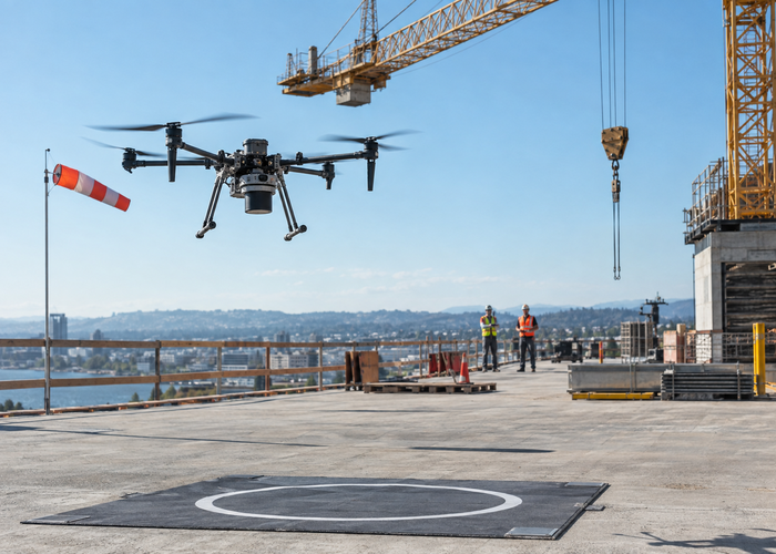 professional multirotor inspection drone with a physical downward LiDAR sensor approaching a marked landing pad near an unbranded construction tower crane in a realistic LiDAR application scene