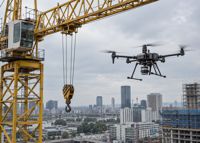 professional multirotor inspection drone with a physical downward LiDAR sensor approaching a marked landing pad near an unbranded construction tower crane validation scene 2