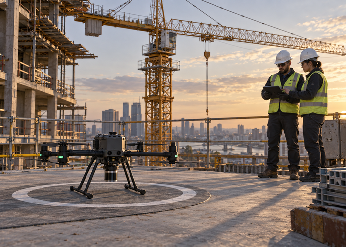 professional multirotor inspection drone with a physical downward LiDAR sensor approaching a marked landing pad near an unbranded construction tower crane validation scene 3