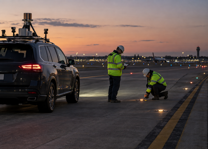 real airport taxiway survey at dusk with a mobile mapping vehicle carrying visible unbranded physical LiDAR and technicians inspecting airfield lights in a realistic LiDAR application scene