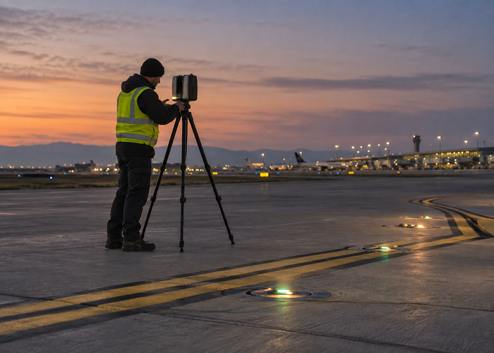 real airport taxiway survey at dusk with a mobile mapping vehicle carrying visible unbranded physical LiDAR and technicians inspecting airfield lights validation scene 2