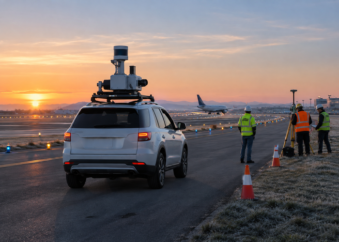 real airport taxiway survey at dusk with a mobile mapping vehicle carrying visible unbranded physical LiDAR and technicians inspecting airfield lights validation scene 3