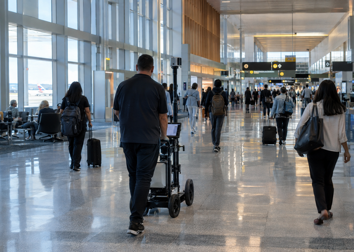 real airport terminal concourse being scanned by a mobile unbranded LiDAR mapping cart near doors signs and accessible routes in a realistic LiDAR application scene