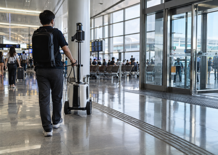 real airport terminal concourse being scanned by a mobile unbranded LiDAR mapping cart near doors signs and accessible routes validation scene 2