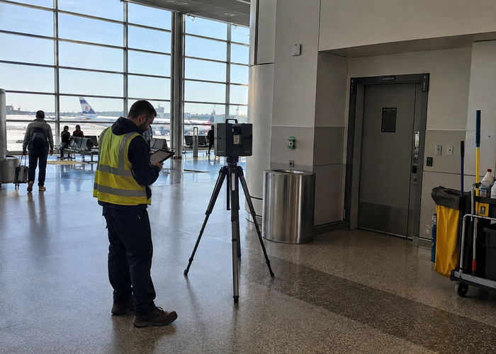 real airport terminal concourse being scanned by a mobile unbranded LiDAR mapping cart near doors signs and accessible routes validation scene 3