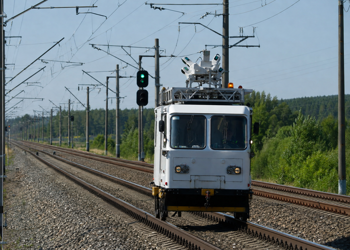rail inspection vehicle using roof-mounted LiDAR to map poles and overhead wires in a realistic LiDAR application scene