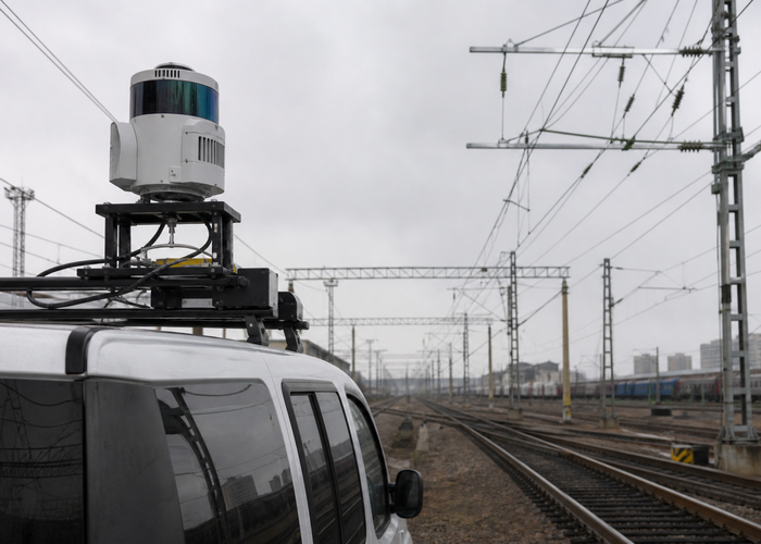 rail inspection vehicle using roof-mounted LiDAR to map poles and overhead wires validation scene 2