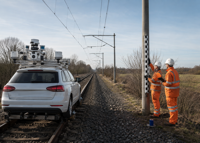 rail inspection vehicle using roof-mounted LiDAR to map poles and overhead wires validation scene 3