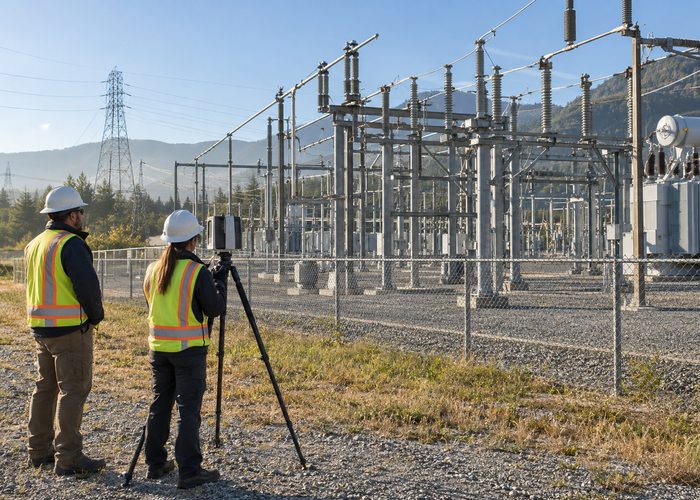 qualified survey crew using an unbranded terrestrial LiDAR scanner outside a real electrical substation fence to capture insulators, buswork and conductors from multiple safe viewpoints in a realistic LiDAR application scene