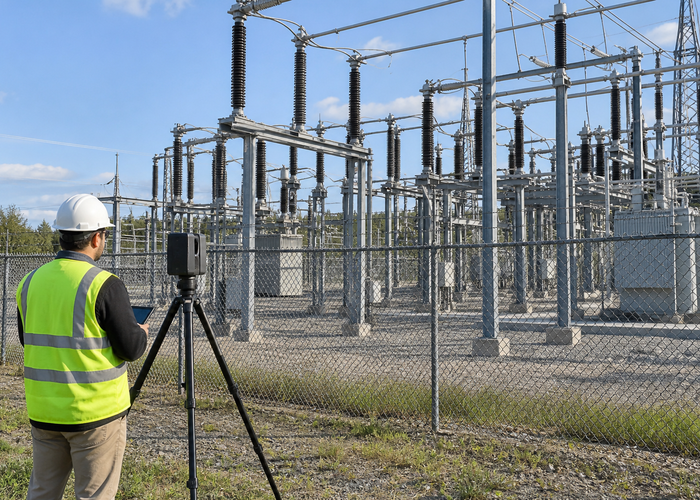 qualified survey crew using an unbranded terrestrial LiDAR scanner outside a real electrical substation fence to capture insulators, buswork and conductors from multiple safe viewpoints validation scene 2
