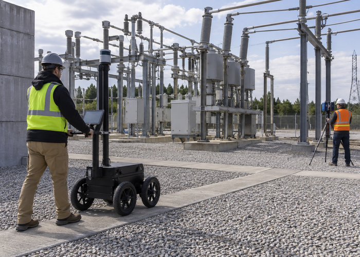 qualified survey crew using an unbranded terrestrial LiDAR scanner outside a real electrical substation fence to capture insulators, buswork and conductors from multiple safe viewpoints validation scene 3