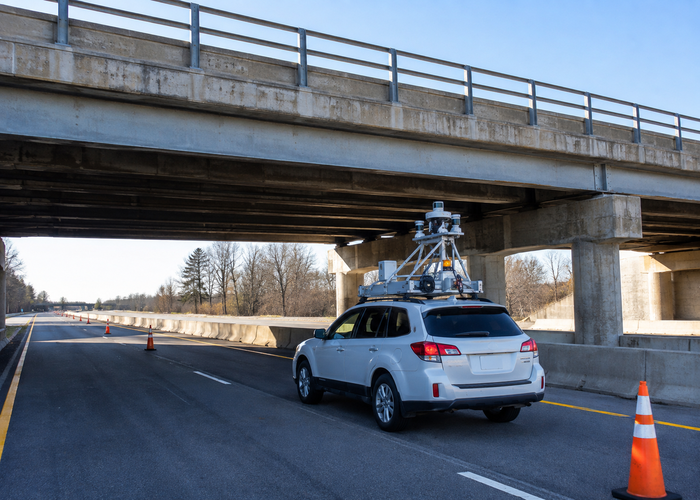 mobile LiDAR survey vehicle collecting highway bridge elements and clearance geometry in a realistic LiDAR application scene