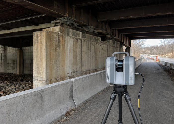 mobile LiDAR survey vehicle collecting highway bridge elements and clearance geometry validation scene 2
