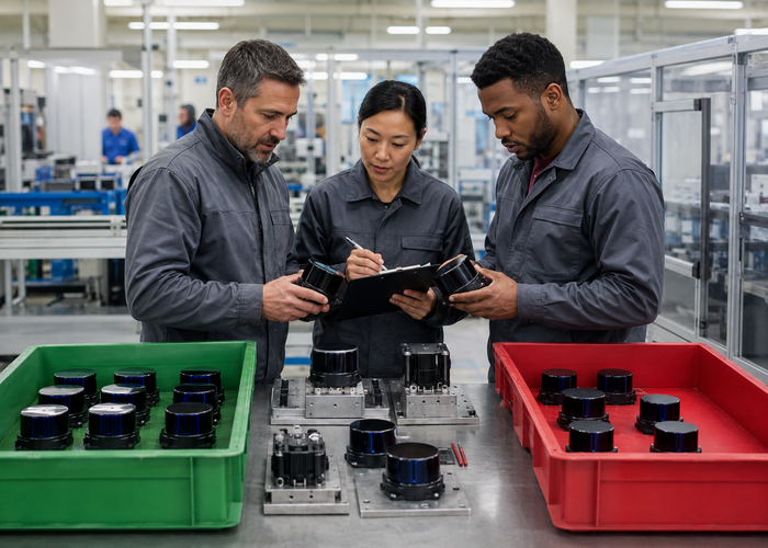 supplier quality engineers reviewing LiDAR sensor failure evidence on a professional production line in a realistic LiDAR application scene
