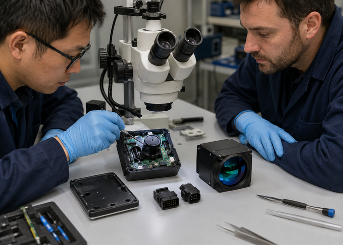 supplier quality engineers reviewing LiDAR sensor failure evidence on a professional production line validation scene 2
