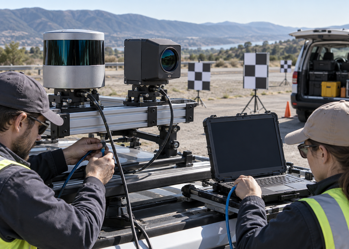 engineering team testing two unbranded physical LiDAR sensors on a vehicle integration bench while reviewing packet capture and point-cloud data on monitors in a realistic LiDAR application scene
