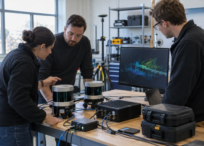 engineering team testing two unbranded physical LiDAR sensors on a vehicle integration bench while reviewing packet capture and point-cloud data on monitors validation scene 2