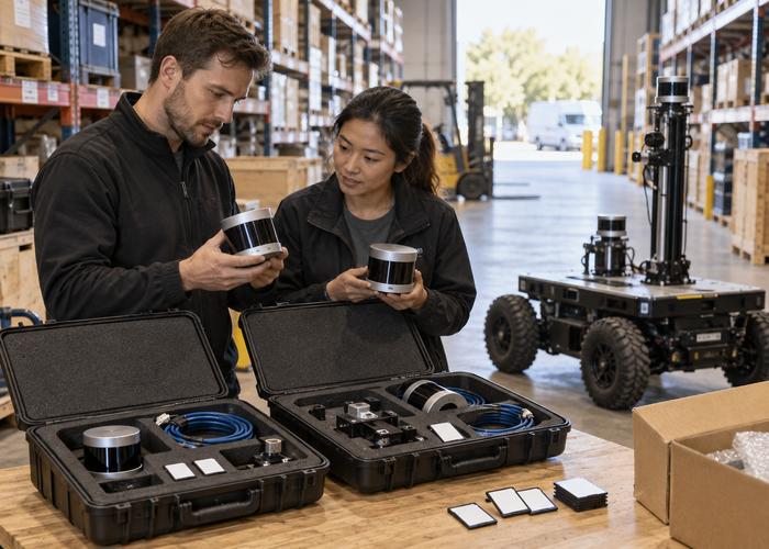 engineering team testing two unbranded physical LiDAR sensors on a vehicle integration bench while reviewing packet capture and point-cloud data on monitors validation scene 3