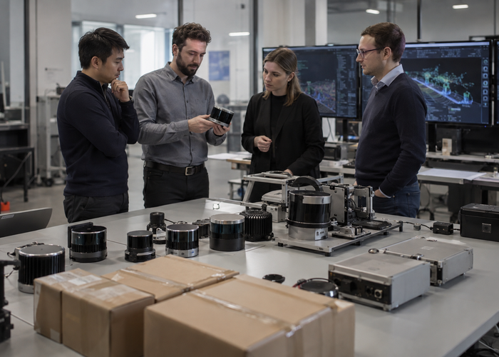 real engineering lifecycle planning room with unbranded physical LiDAR sensors from different production generations, sealed spare units and a migration test fixture under natural office lighting in a realistic LiDAR application scene