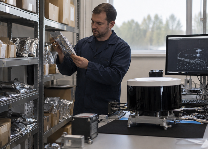 real engineering lifecycle planning room with unbranded physical LiDAR sensors from different production generations, sealed spare units and a migration test fixture under natural office lighting validation scene 3