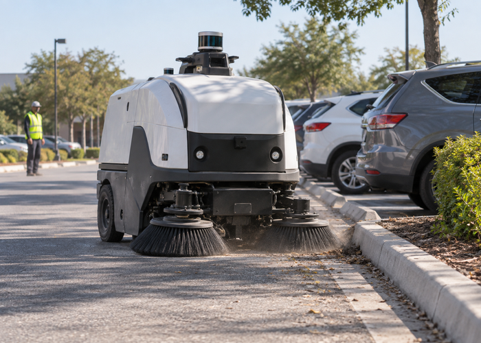 real unbranded autonomous parking lot sweeper with visible physical LiDAR operating near curbs and parked cars under natural daylight with a safety worker nearby in a realistic LiDAR application scene