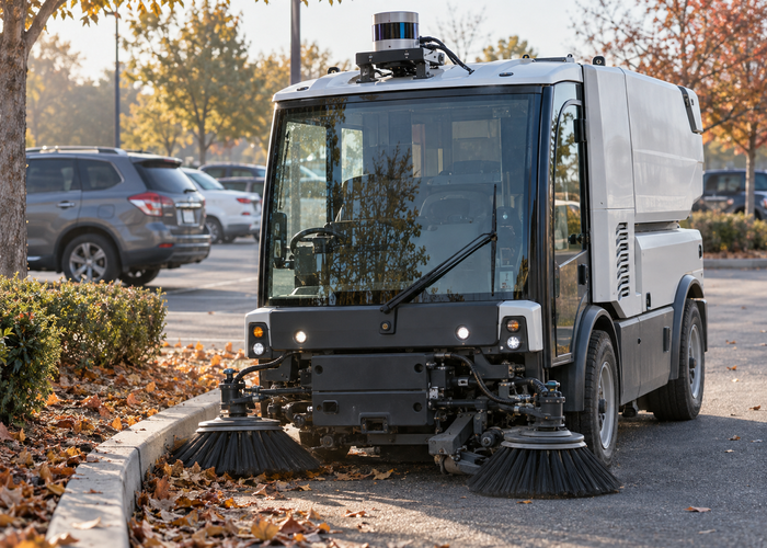 real unbranded autonomous parking lot sweeper with visible physical LiDAR operating near curbs and parked cars under natural daylight with a safety worker nearby validation scene 2