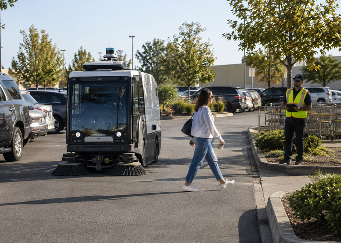 real unbranded autonomous parking lot sweeper with visible physical LiDAR operating near curbs and parked cars under natural daylight with a safety worker nearby validation scene 3