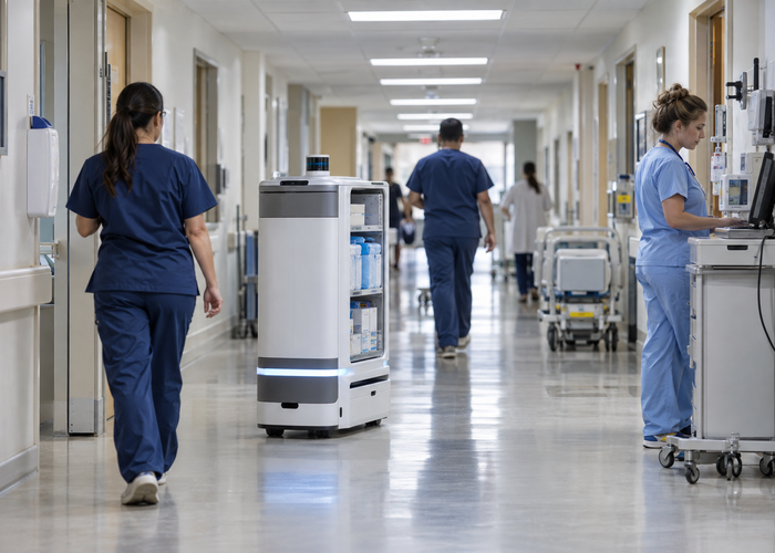 real hospital corridor with an unbranded autonomous supply cart carrying visible physical LiDAR sensors navigating around staff and medical equipment in a realistic LiDAR application scene