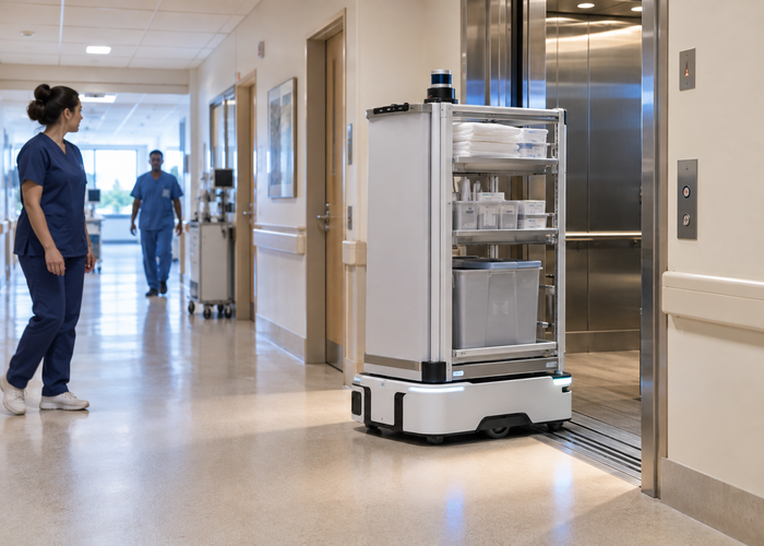 real hospital corridor with an unbranded autonomous supply cart carrying visible physical LiDAR sensors navigating around staff and medical equipment validation scene 2