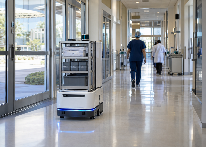 real hospital corridor with an unbranded autonomous supply cart carrying visible physical LiDAR sensors navigating around staff and medical equipment validation scene 3
