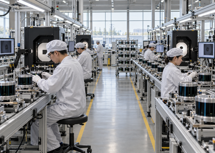unbranded LiDAR manufacturing line with physical sensors, duplicated calibration stations and technicians conducting a capacity-ramp readiness review in a realistic LiDAR application scene