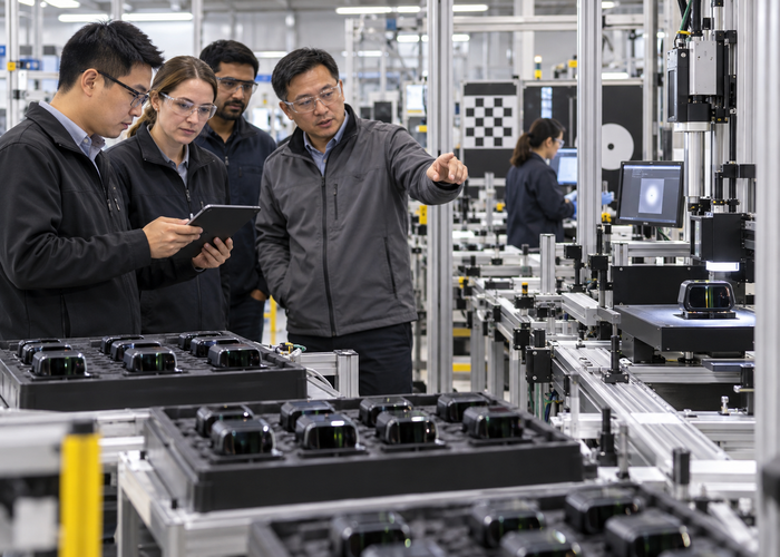unbranded LiDAR manufacturing line with physical sensors, duplicated calibration stations and technicians conducting a capacity-ramp readiness review validation scene 2