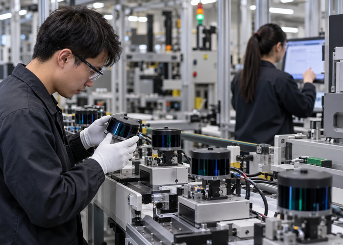 unbranded LiDAR manufacturing line with physical sensors, duplicated calibration stations and technicians conducting a capacity-ramp readiness review validation scene 3