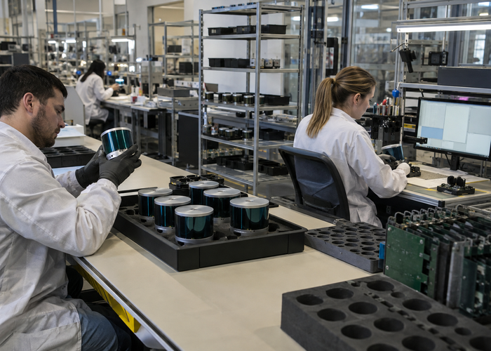 real LiDAR production quality laboratory with unbranded physical sensors, serialized component trays, inspection microscope and traceability workstation with unreadable screens in a realistic LiDAR application scene