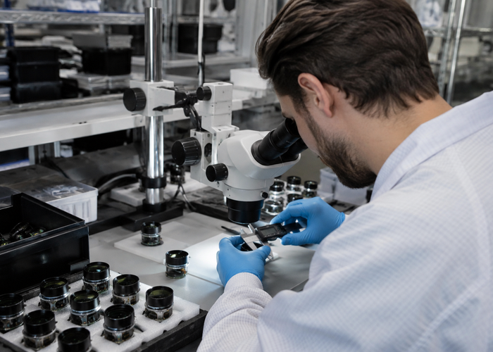 real LiDAR production quality laboratory with unbranded physical sensors, serialized component trays, inspection microscope and traceability workstation with unreadable screens validation scene 2