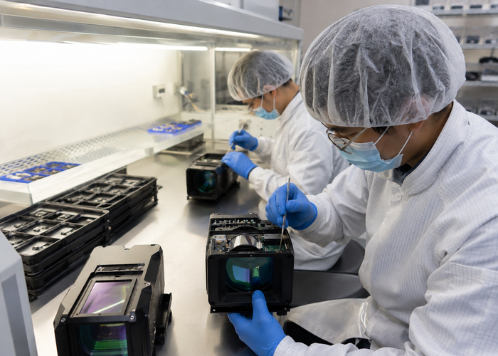 LiDAR sensors being assembled and inspected in a clean optical production area in a realistic LiDAR application scene