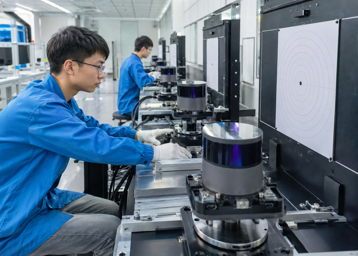 LiDAR sensors undergoing end-of-line testing on a professional production line in a realistic LiDAR application scene