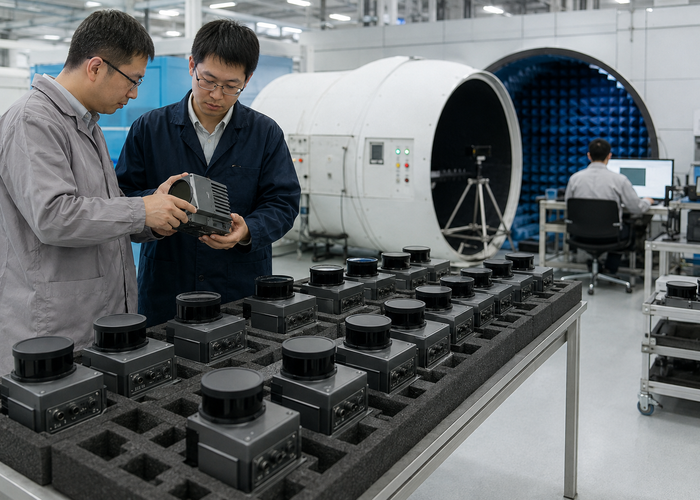 LiDAR sensors undergoing end-of-line testing on a professional production line validation scene 3
